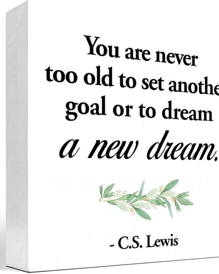 Inspirational Wood Box Sign Desk Decor,You are Never Too Old to Set Another Goal Wood Plaque Signs,Rustic Positive Wooden Block Sign for Home Office Shelf Desk Table Decoration C1064 - LeafyLoom