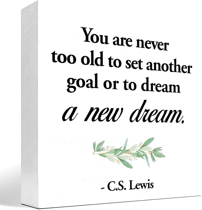 Inspirational Wood Box Sign Desk Decor,You are Never Too Old to Set Another Goal Wood Plaque Signs,Rustic Positive Wooden Block Sign for Home Office Shelf Desk Table Decoration C1064 - LeafyLoom