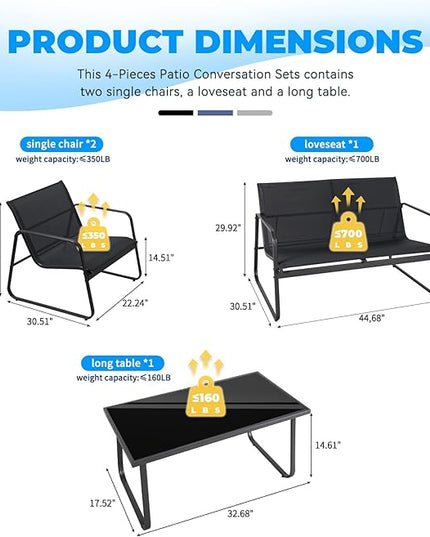 4 Pieces Patio Furniture Set Outdoor Patio Conversation Sets Poolside Lawn Chairs with Glass Coffee Table Porch Furniture for Courtyard, Garden and Balcony (Black) - LeafyLoom