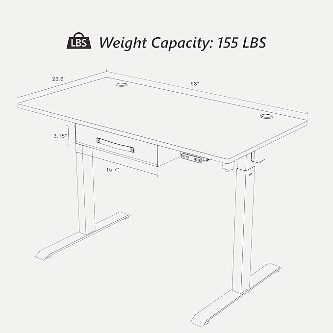 BANTI Electric Standing Desk with Drawer, Adjustable Height Sit Stand Up Desk, Home Office Desk Computer Workstation, 63x24 Inches, Black - LeafyLoom