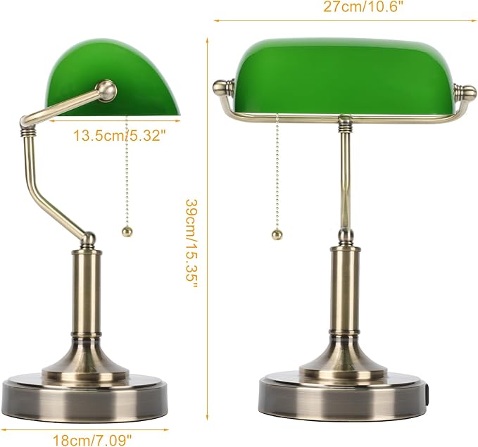 Bankers Lamp, Green Desk Lamp with Pull Chain Switch, Retro Lamp with USB and Type C Charging Ports, Vintage Lamp for Home Office, Piano, Library, LED Bulb Included (Retro) - LeafyLoom