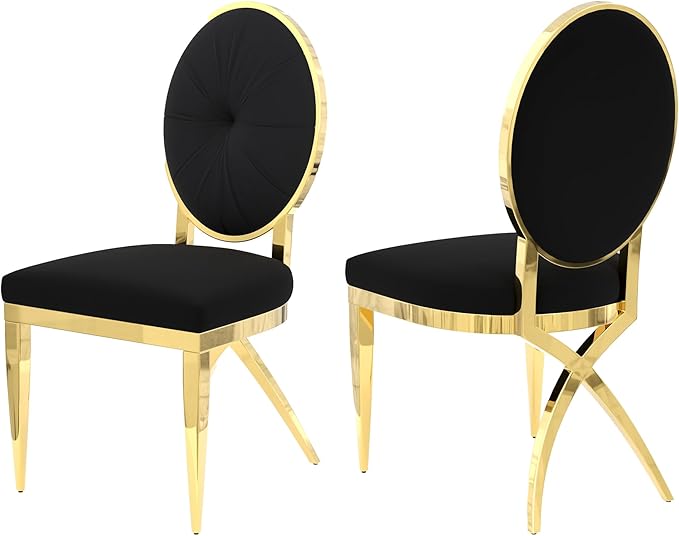 ACEDÉCOR Black and Gold Dining Chairs, Classic King Louis Dining Room Chair with Oval Back and Polished Gold X Shaped Legs, Black Velvet Upholstered Dining Chairs Set of 2 - LeafyLoom