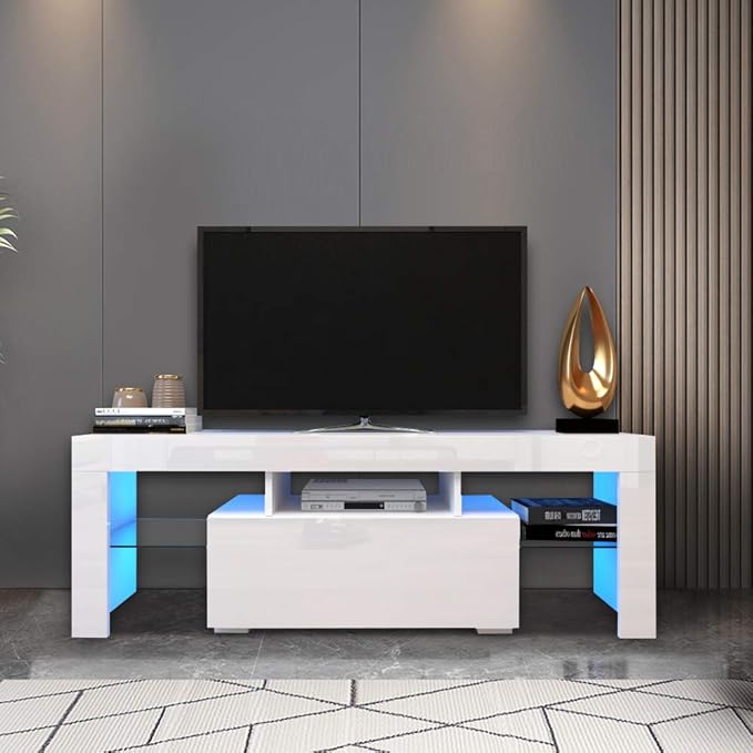 TV Stand Base, Entertainment Center Cabinet with LED Light Media Console for Living Room, Bedroom, 51 Inch, White - LeafyLoom