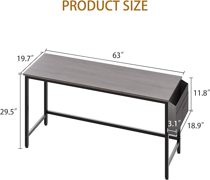 Shintenchi 63 inch Computer Desk with Storage Bag, Study Workstation Modern Simple Design for Home Office, Student Writing Desk, Office Working Desk, Gray - LeafyLoom