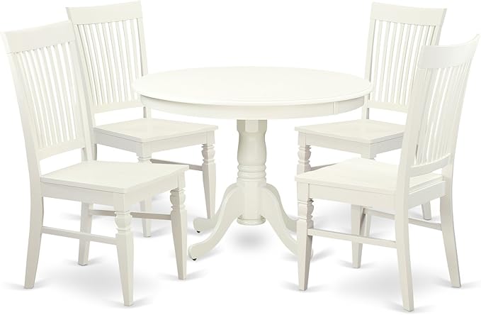 East West Furniture Hartland 5 Piece Set Includes a Round Dining Table with Pedestal and 4 Kitchen Chairs, 42x42 Inch, Linen White - LeafyLoom