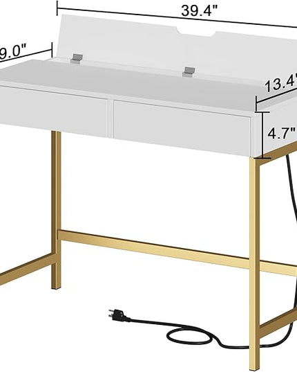 Treocho Computer Desk with USB Charging Ports and Power Outlets, Modern Simple 40 inch Vanity Desk with 2 Drawers, Makeup Table for Home Office, Bedroom, White and Gold - LeafyLoom
