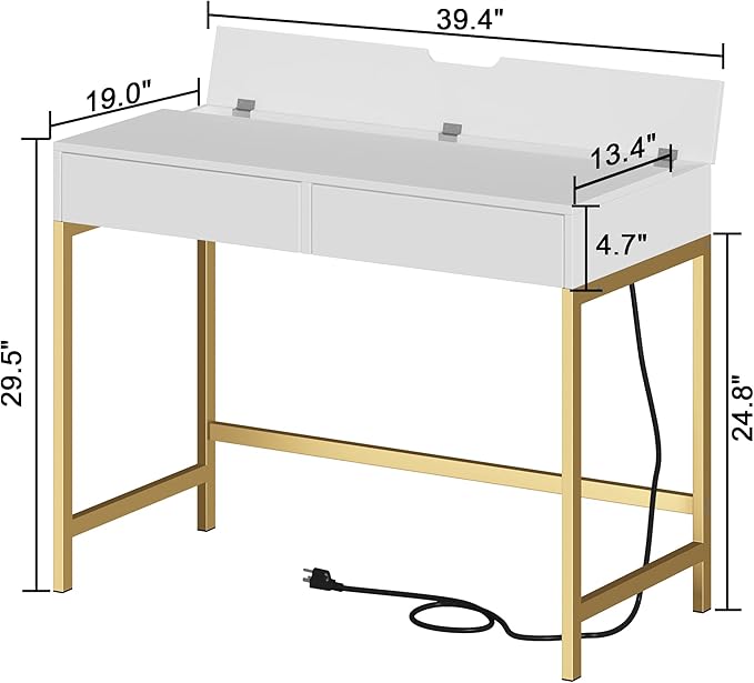 Treocho Computer Desk with USB Charging Ports and Power Outlets, Modern Simple 40 inch Vanity Desk with 2 Drawers, Makeup Table for Home Office, Bedroom, White and Gold - LeafyLoom