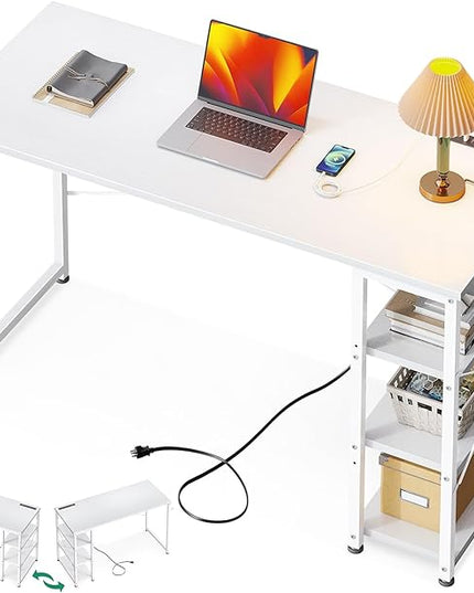 AODK Laptop Desk Office Desk, 48 Inch Computer Desk with Power Outlet and USB & Type-C Charging Port, Writing Desk with 3-Tier Reversible Storage Shelf for Home Office, 48'' x 16'', White - LeafyLoom