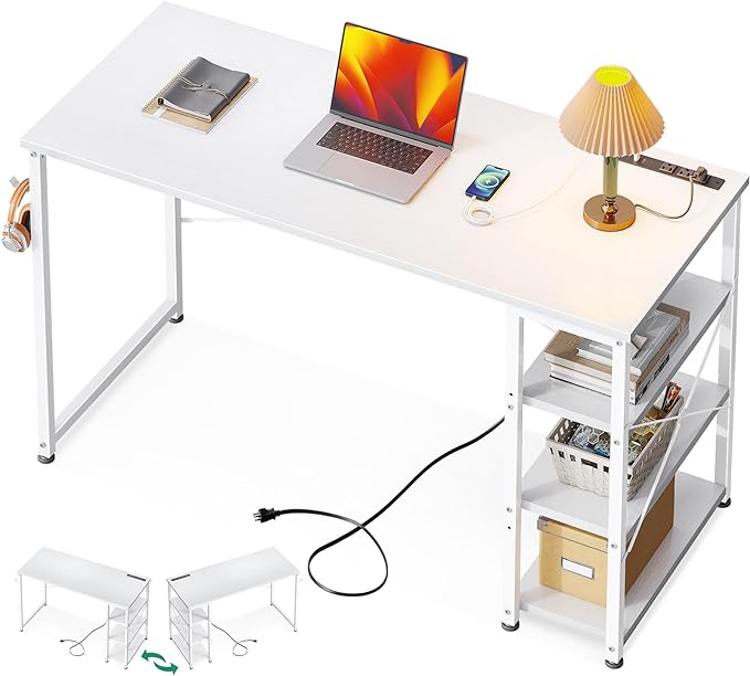 AODK Laptop Desk Office Desk, 48 Inch Computer Desk with Power Outlet and USB & Type-C Charging Port, Writing Desk with 3-Tier Reversible Storage Shelf for Home Office, 48'' x 16'', White - LeafyLoom