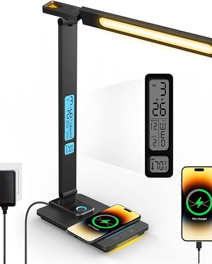LED Desk Lamp with Wireless Charger, USB Charging Port, Sliding Dimmable Auto Timer Table Lamp with Night Light, Desk Lights with Clock for Study Reading Home Office - LeafyLoom