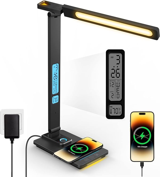 LED Desk Lamp with Wireless Charger, USB Charging Port, Sliding Dimmable Auto Timer Table Lamp with Night Light, Desk Lights with Clock for Study Reading Home Office - LeafyLoom