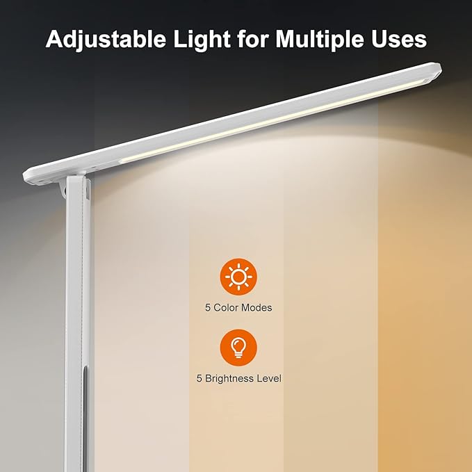 poukaran Desk Lamp, LED Desk Lamp with Wireless Charger, USB Charging Port, Table Lamp with Night Light, Desk Lights with Clock, Alarm, Date and Temperature, White - LeafyLoom
