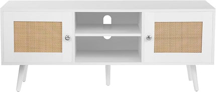 VEVOR Rattan TV Stand, Boho TV Cabinet for 55 inch TV, Mid Century Modern TV Stand, Rattan TV Console with Adjustable Shelfs for Living Room, Media Room, White - LeafyLoom