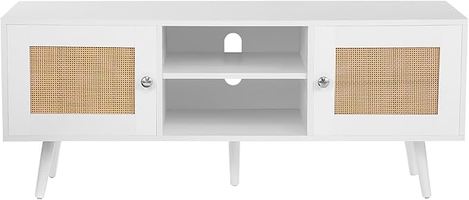 VEVOR Rattan TV Stand, Boho TV Cabinet for 55 inch TV, Mid Century Modern TV Stand, Rattan TV Console with Adjustable Shelfs for Living Room, Media Room, White - LeafyLoom