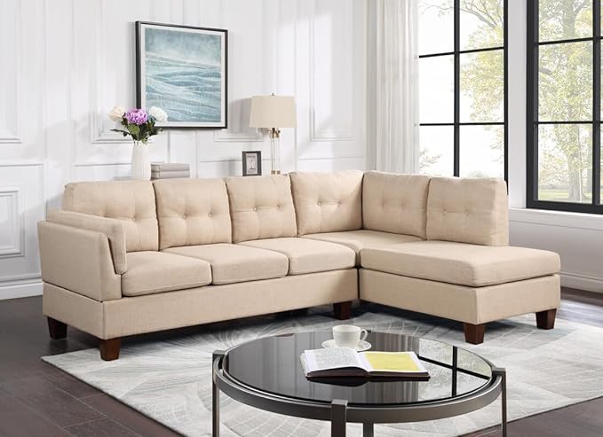 L-Shape Sectional Sofa with Right Facing Chaise, Linen Upholstered Reversible Corner Couch for Living Room,Home, Small Space, Apartment, 97 Inch, Beige - LeafyLoom