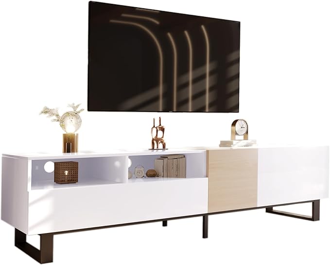 Inch Modern Stand with Double Storage, Drop Down Doors, Cable Management-Media Console Table, Entertainment Center for Living Room, Bedroom, Support 80" TV, White-1 - LeafyLoom
