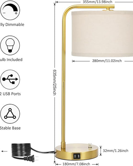 Fully Dimmable Bedside Lamp with Dual USB Ports, Mordern Gold Nightstand Lamp Desk Reading Lamp with Beige Drum Shade, Tall Side Table Lamp for Living Room Bedroom Office, 9W LED Bulb Included - LeafyLoom