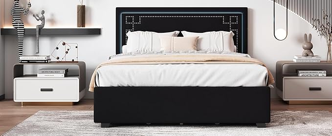 RITSU Queen Size Modern Upholstered Platform Bed with LED Bedframe and 4 Drawers Storable, Rivet-Decorated Headboard, No Box Spring Required, for Living Room, Apartment, Black - LeafyLoom