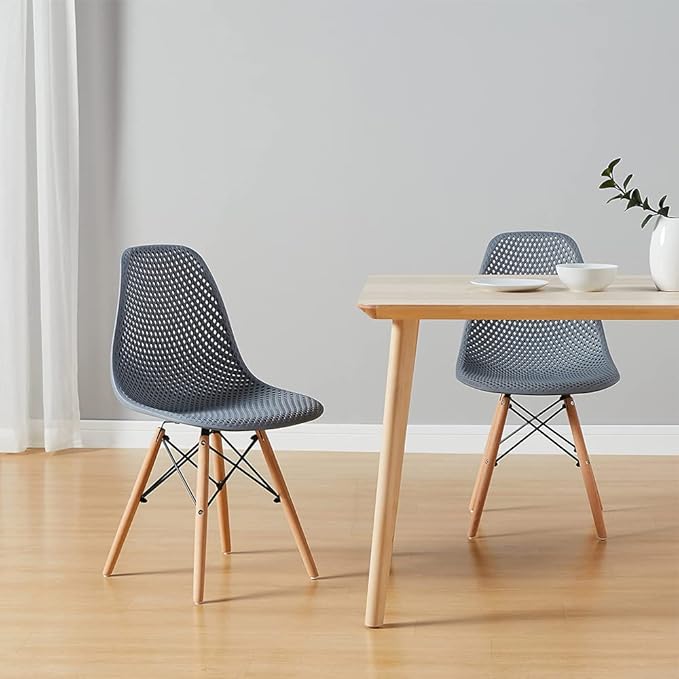 CangLong Dining Mid Century Modern Hollow Back Design Plastic Shell Armless Side Chair with Beech Wood Legs, Set of 2, Grey 1 - LeafyLoom