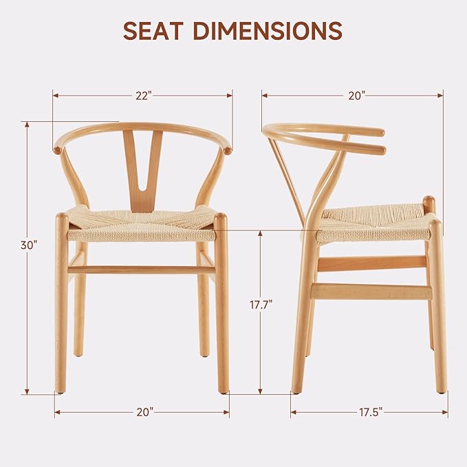 Farini Rattan Chairs for Dining Room Wishbone Chair Solid Wood Armchairs Y Shaped Backrest Hemp Seat for Home Restaurant Fully-Assembled(Set of 2,Nature-Beige Seat) - LeafyLoom