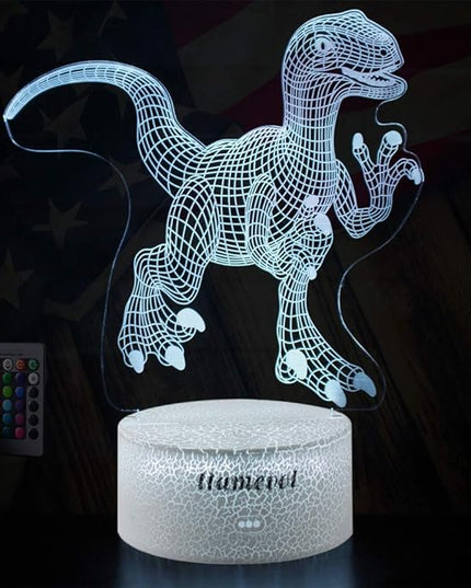 Dinosaur Night Lights for Kids Christmas Gift for Boys Birthday Dino Toy Raptor 3D Illusion Lamp Remote Control 16 Color Change - LeafyLoom