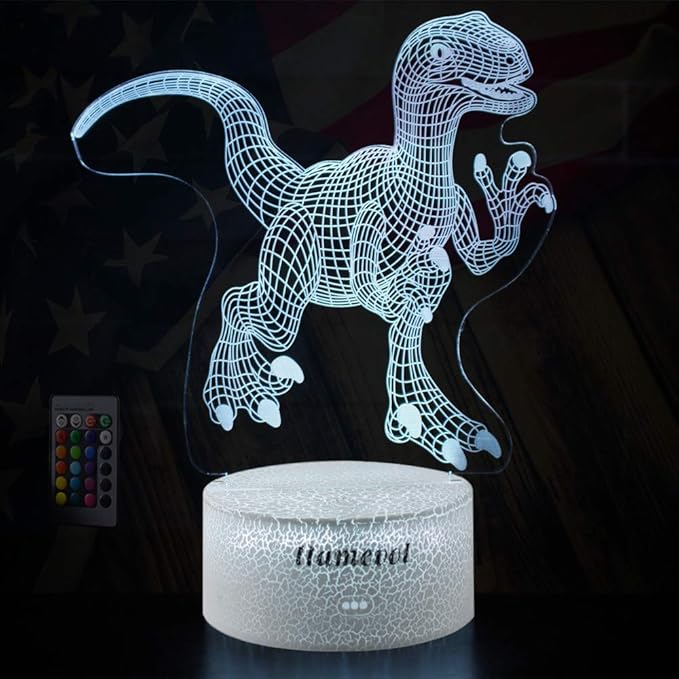 Dinosaur Night Lights for Kids Christmas Gift for Boys Birthday Dino Toy Raptor 3D Illusion Lamp Remote Control 16 Color Change - LeafyLoom