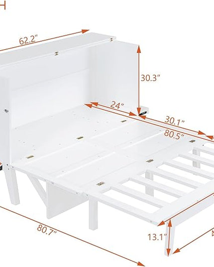 Queen Murphy Bed can be Folded into Low Cabinet with USB Ports, Wooden Platform bedframe with Removable Shelves on Each Side, Space Saving, for Bedroom/Guestroom/Office, White - LeafyLoom