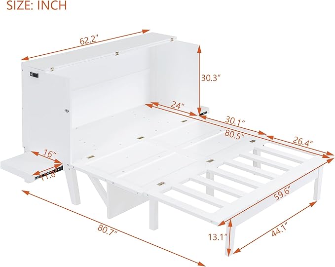 Queen Murphy Bed can be Folded into Low Cabinet with USB Ports, Wooden Platform bedframe with Removable Shelves on Each Side, Space Saving, for Bedroom/Guestroom/Office, White - LeafyLoom