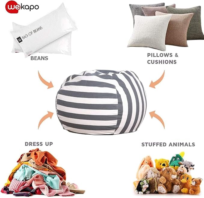 Wekapo Stuffed Animal Storage Bean Bag Chair Cover for Kids | Stuffable Zipper Beanbag for Organizing Children Plush Toys Large Premium Cotton Canvas (Gray, XX-Large) - LeafyLoom