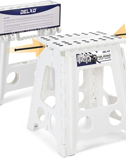 Delxo 16” Folding Step Stool in White,1 Pack Premium Heavy Duty Foldable Foot Stool for Adults,Portable Collapsible Plastic Step Stool,Non Slip Folding Stools for Kitchen Bathroom Bedroom Up to 400LBS - LeafyLoom