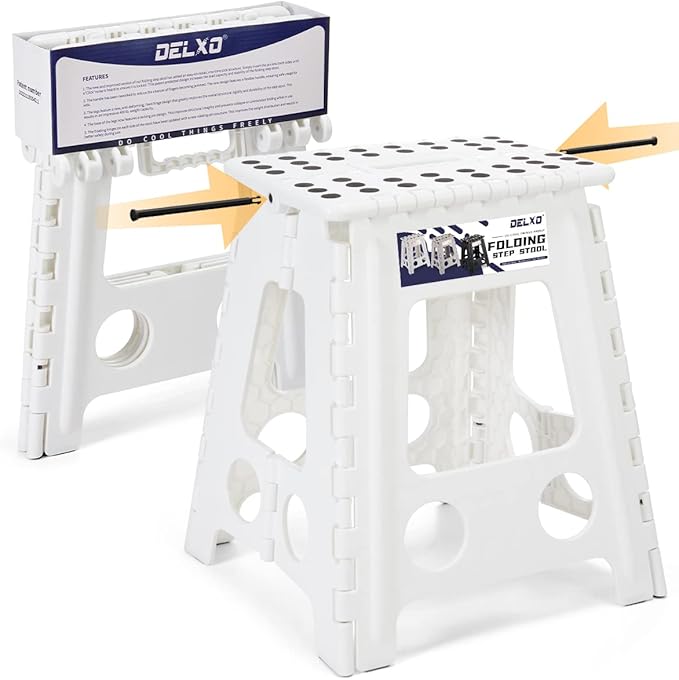 Delxo 16” Folding Step Stool in White,1 Pack Premium Heavy Duty Foldable Foot Stool for Adults,Portable Collapsible Plastic Step Stool,Non Slip Folding Stools for Kitchen Bathroom Bedroom Up to 400LBS - LeafyLoom
