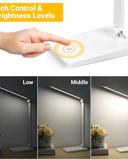 LED Desk Lamp for Home Office, 3 Levels Dimmable Desk Light with USB Charging Port, Small Study Lamp, Reading Light for Table, White, 5000K - LeafyLoom