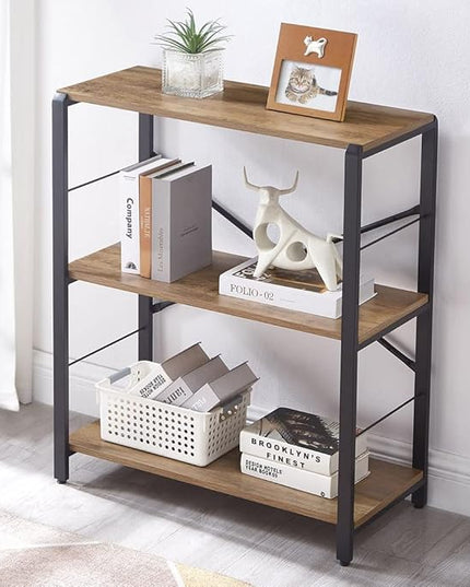 FOLUBAN Small Bookshelf, 3 Tier Open Book Shelf, Rustic Wood and Metal Shelving Unit for Small Space, Oak - LeafyLoom
