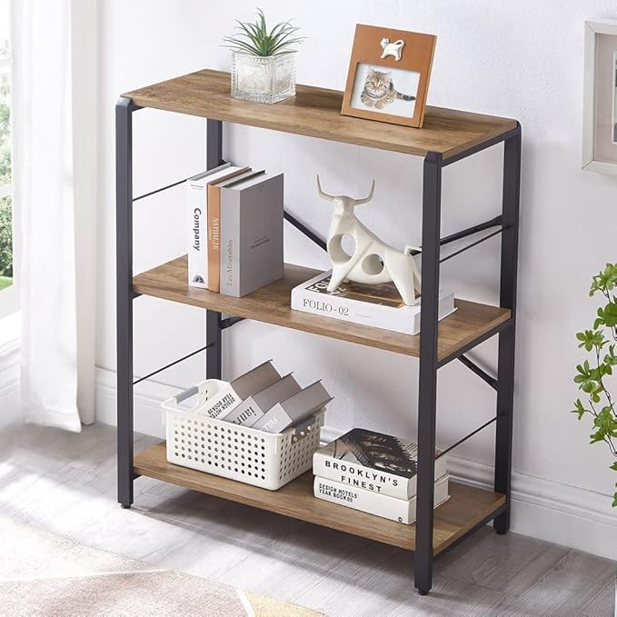 FOLUBAN Small Bookshelf, 3 Tier Open Book Shelf, Rustic Wood and Metal Shelving Unit for Small Space, Oak - LeafyLoom