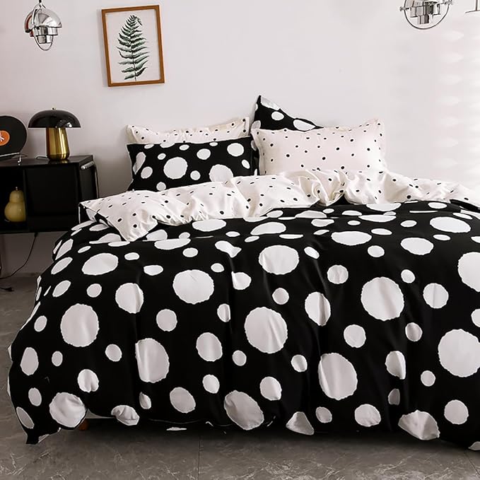 White Polka Dots Comforter Full Black White Dots Print Reversible Gingham Full Bedding Comforter Set Boys Girls Black White Bed Sets Soft 3Pcs Full Comforter Sets - LeafyLoom