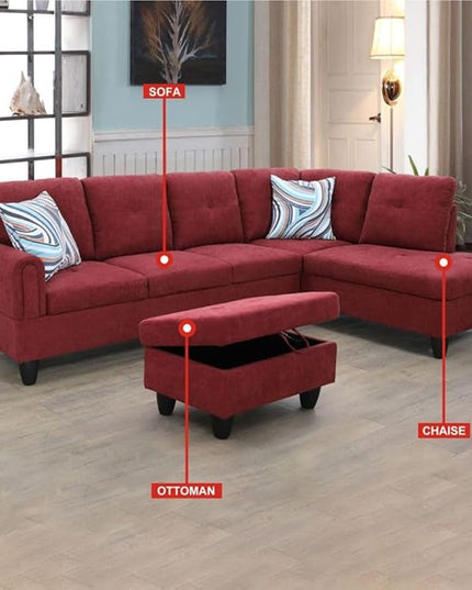 ROOMTEC Button Modern L Shape Sectional Sofa Set, Upholstered Corner Couch with Storage Ottoman, Flannel Tufted Cushions, for Living Room, Apartment, 97inch, Red w/Right Chaise Lounge - LeafyLoom