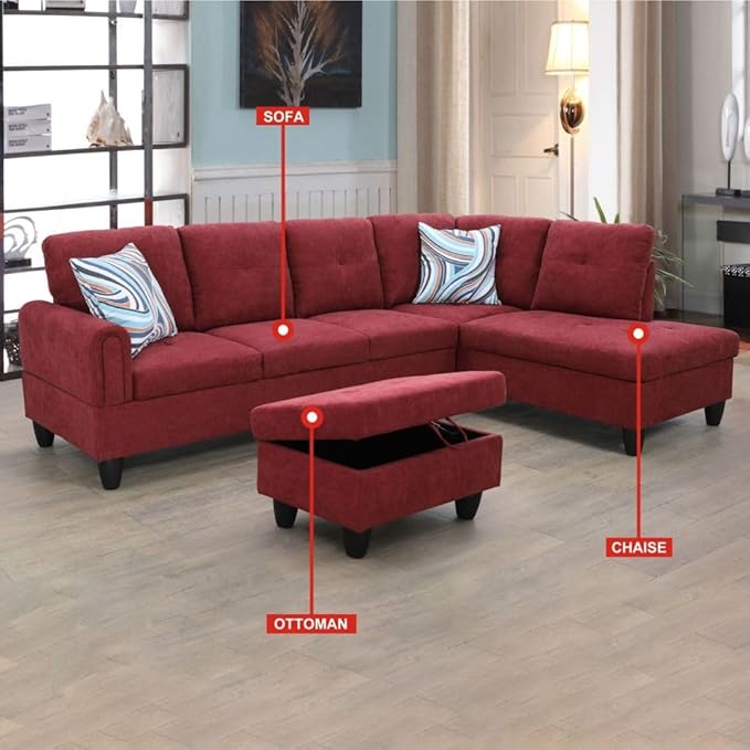 ROOMTEC Button Modern L Shape Sectional Sofa Set, Upholstered Corner Couch with Storage Ottoman, Flannel Tufted Cushions, for Living Room, Apartment, 97inch, Red w/Right Chaise Lounge - LeafyLoom