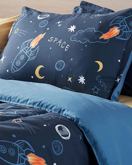 SLEEP ZONE Kids Twin Bedding Comforter Set - Super Cute & Soft Kids Bedding 5 Pieces Set with Comforter, Sheet, Pillowcase & Sham (Space Rocket) - LeafyLoom