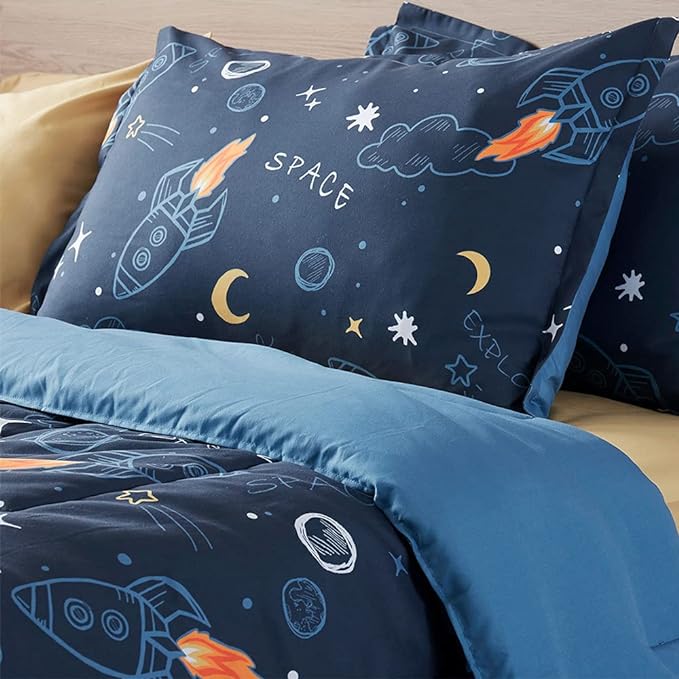 SLEEP ZONE Kids Twin Bedding Comforter Set - Super Cute & Soft Kids Bedding 5 Pieces Set with Comforter, Sheet, Pillowcase & Sham (Space Rocket) - LeafyLoom