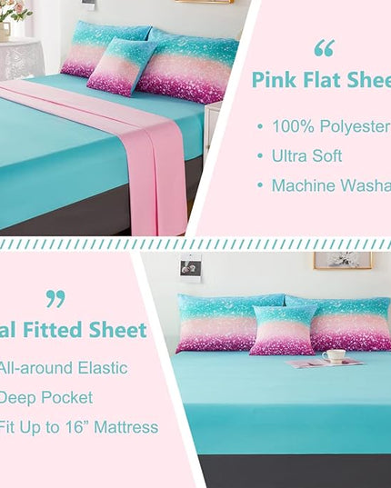 PERFEMET 6 Piece Full Size Comforter Sets for Teens Girls, Tie Dye Rainbow Ombre Bed in A Bag, Gradient Glitter Sparkle Bedroom Decor Bedding Set (Blue Teal Purple, Full) - LeafyLoom