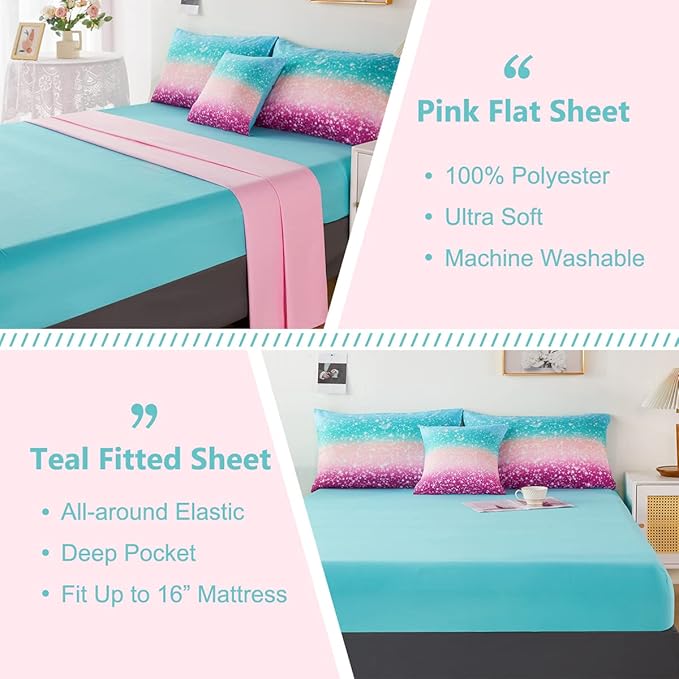 PERFEMET 6Pcs Teal Purple Comforter Set Twin Size, Tie Dye Rainbow Glitter Bed in A Bag, Gradient Pastel Ombre Sparkle Bedding Set for Kids Teens Girls (Blue Teal Purple, Twin) - LeafyLoom