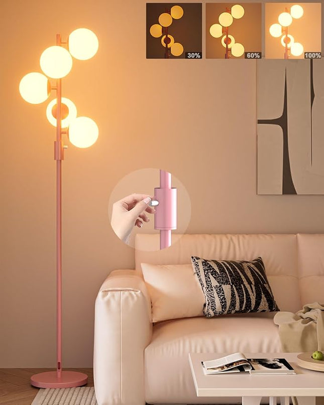 Lightdot Dimmable (Brightness Adjustable) Globe Floor Lamp, Pink Pole Standing Lamps with 5PCS 3000K G9 Bulbs, Mid Century Modern Floor Lamp for Living Room - LeafyLoom