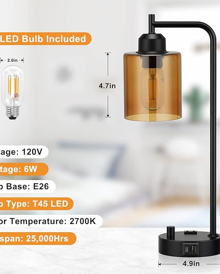 Industrial Small Desk Lamp for Nightstand - Amber Clear Glass Shade Table Lamp with USB C Port, Fully Dimmable Black Bedside Lamp with USB Port and Outlet, Bedroom Lamp for Reading Office - LeafyLoom