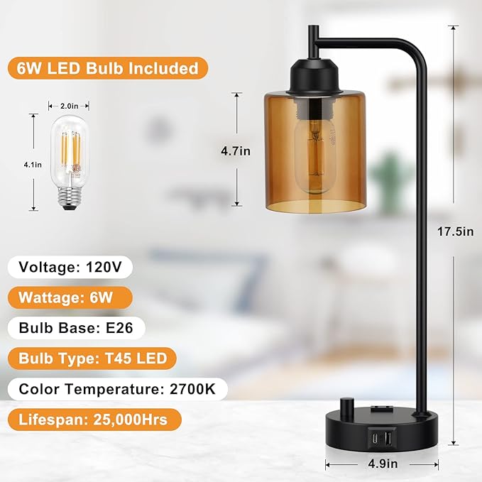 Industrial Small Desk Lamp for Nightstand - Amber Clear Glass Shade Table Lamp with USB C Port, Fully Dimmable Black Bedside Lamp with USB Port and Outlet, Bedroom Lamp for Reading Office - LeafyLoom