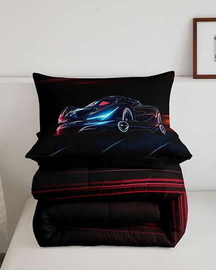 Feelyou Red Blue Race Car Bedding Set King Size for Kids Boys Extreme Sport Games Comforter Set Teens Toddler Fast and Furious Duvet Set Cool Modern Quilt Set 3Pcs - LeafyLoom