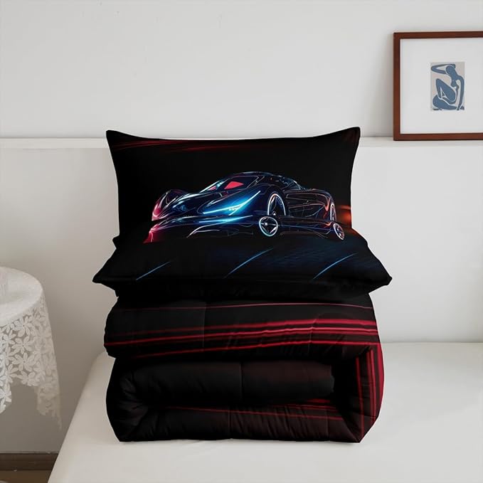 Feelyou Red Blue Race Car Bedding Set King Size for Kids Boys Extreme Sport Games Comforter Set Teens Toddler Fast and Furious Duvet Set Cool Modern Quilt Set 3Pcs - LeafyLoom
