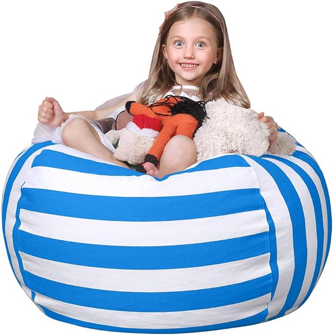 Wekapo Stuffed Animal Storage Bean Bag Chair Cover for Kids | Stuffable Zipper Beanbag for Organizing Children Plush Toys Large Premium Cotton Canvas (Blue, X-Large) - LeafyLoom