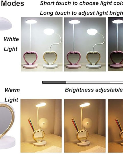 White Desk Lamp for Girls, 5 in 1 Cute Desk Lamp with Pencil Holder, Detachable Mirror, Mini Fan, Phone Holder, USB Charging Port, Eye-Caring Study Table Lamp for Teens Girls Women Dorm Reading - LeafyLoom