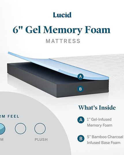 Lucid 6 Inch Memory Foam Mattress - Firm Feel - Gel Infusion - Memory Foam Infused with Bamboo Charcoal - Breathable - CertiPur Certified - Twin - LeafyLoom