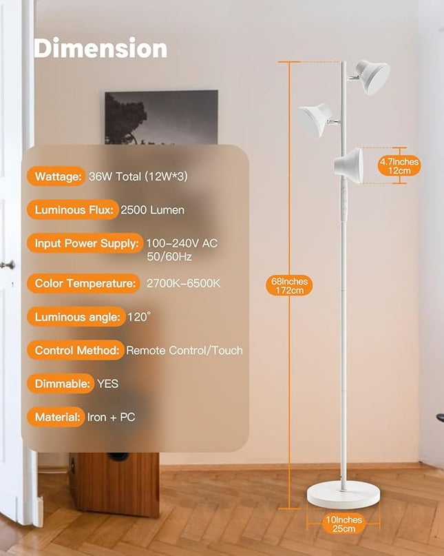White Floor Lamp, 36W Modern Dimmable Standing Lamp 2700-6500K, 3 Rotatable LED Lights Reading Tall Lamp, Touch & Remote Control Floor Lamps for Living Room Bedroom Office - LeafyLoom